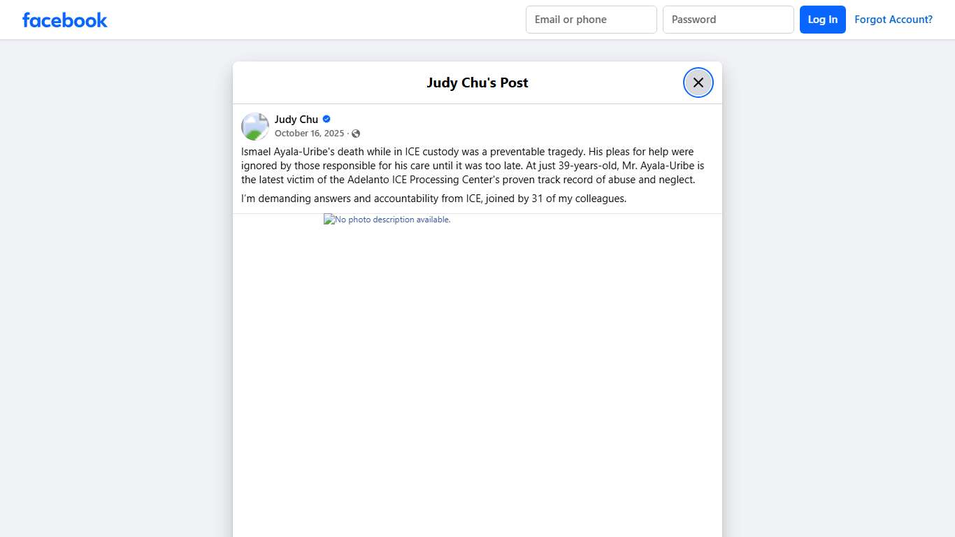 Judy Chu - Ismael Ayala-Uribe's death while in ICE custody... | Facebook